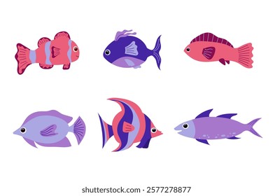 Cartoon fish set. Seafood, water animals wildlife. Illustration for kids. Vector isolated on white background