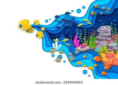 Cartoon fish shoals on sea paper cut underwater landscape. Bright tropical fish school, seaweeds and corals on ocean bottom. 3d vector colorful beauty and diversity of life beneath the ocean surface