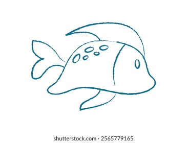 Cartoon fish silhouette. Underwater creature swims gracefully in the ocean. This doodle graphic showcases a playful aquatic icon, perfect for summer designs, Chalk and crayon style