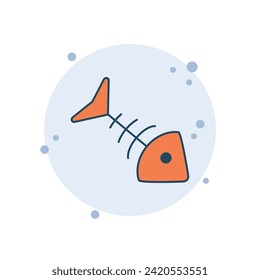 Ilustración vectorial de icono de esqueleto de peces de dibujos animados. Hueso de pescado sobre fondo de burbujas. El concepto de la señal de los peces muertos.