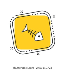 Cartoon fish skeletone icon vector illustration. Fish bone on isolated yellow square background. Dead fish sign concept.