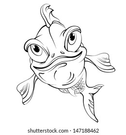Cartoon fish smiling. Drawing style black on white.
