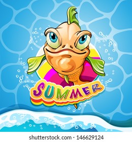 Cartoon fish smiling with summer banner