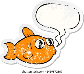 Cartoon Fisch mit Sprachblase bedrückte alte Aufkleber
