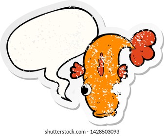 pez caricatura con burbuja de habla angustiado viejo pegatina angustiado
