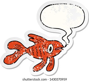 Cartoon Fisch mit Sprachblase bedrückte alte Aufkleber