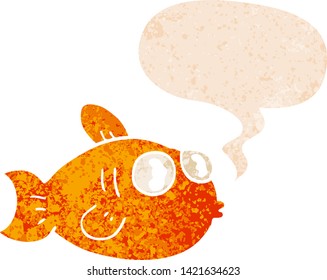 cartoon fish with speech bubble in grunge distressed retro textured style