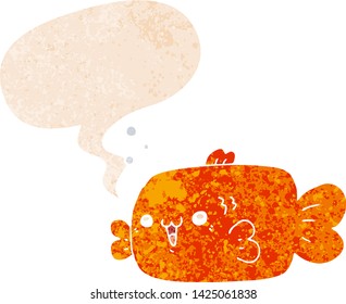 peces de dibujos animados con burbuja de habla en un estilo retro grunge angustiado con textura