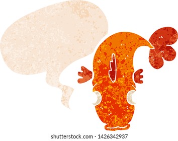 cartoon fish with speech bubble in grunge distressed retro textured style