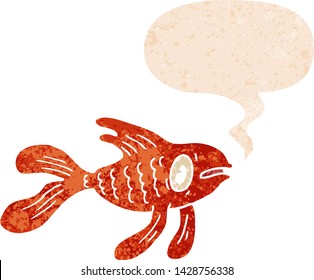cartoon fish with speech bubble in grunge distressed retro textured style