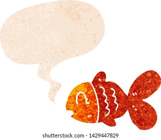 cartoon fish with speech bubble in grunge distressed retro textured style