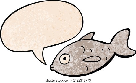 cartoon fish with speech bubble in retro texture style