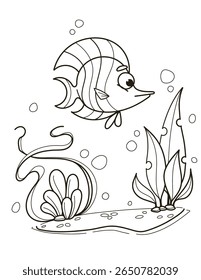 Cartoon Fish Swimming Among Aquatic Plants