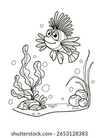 Peixes-Desenhos Animados Nadando Entre Plantas Aquáticas
