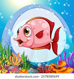 A cartoon fish swimming among colorful coral and bubbles