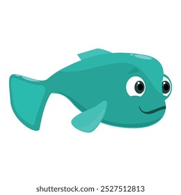 Cartoon fish is swimming underwater with a smile on its face