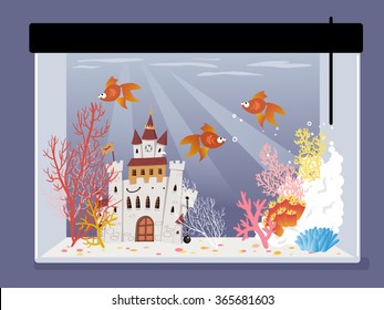 Cartoon fish tank with a castle, corals and goldfish, EPS 8 vector illustration