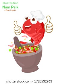 Cartoon Fish and Thai Chili  Paste Sauce in Mortar Vector


