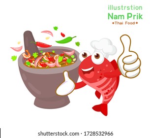 Cartoon Fish and Thai Chili  Paste Sauce in Mortar Vector

