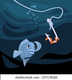 cartoon fish with thick lips gazing at a fishing hook with a worm laying on it 