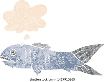 peces de dibujos animados con burbuja de pensamiento en un estilo retro angustiado con texturas grises