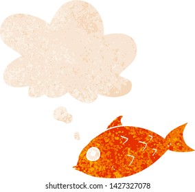 cartoon fish with thought bubble in grunge distressed retro textured style