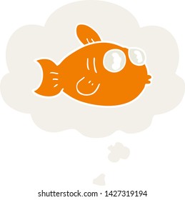 cartoon fish with thought bubble in retro style