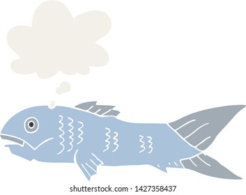 peces de dibujos animados con burbuja de pensamiento en estilo retro