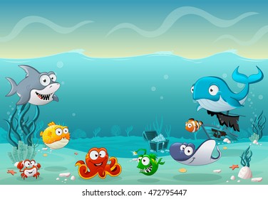 Cartoon fish under the sea. Underwater world with corals.
