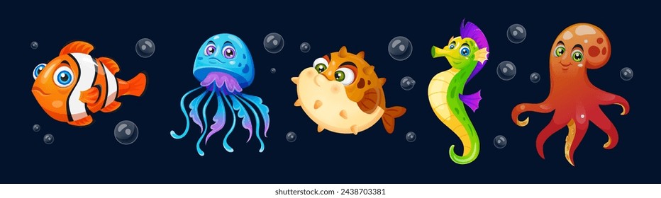 Cartoon fish. Underwater animals. 3D sea creatures. Jellyfish and octopus. Cute seahorse. Marine puffer and water clown. Funny aquarium. Undersea fauna. Aqua bubbles. Vector tidy ocean characters set