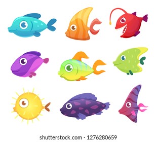 Cartoon fish. Underwater ocean sea animals for games vector pictures