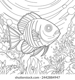 Ilustración vectorial de contorno de paisaje submarino de peces de dibujos animados. Dibujos Animados Paisaje De Peces Para Colorear Página Para Adultos. Peces Bajo El Agua En Acuario. Ilustración Detallada De Peces Bajo El Agua Rodeados De Plantas.