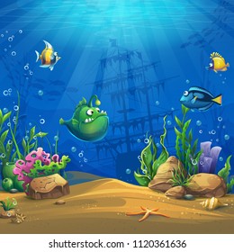 Cartoon fish in underwater world. Marine Life Landscape with different inhabitants. For design websites and mobile phones, printing.