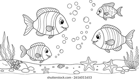 cartoon fish in water coloring page. ready to print on standard