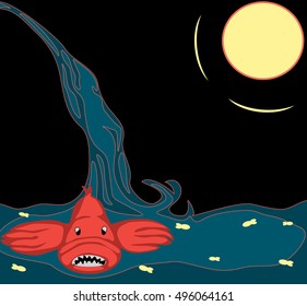 Cartoon fish with waterfall in the moonlight
