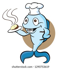 Cartoon fish wearing a chef hat holding a dish
