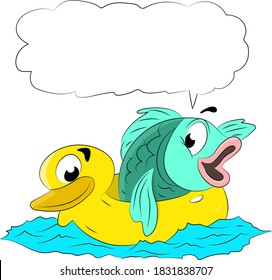 Cartoon fish wearing a duck life buoy swimming vector illustration