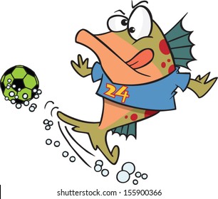 Cartoon fish wearing a jersey and playing soccer