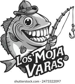 A cartoon fish wearing a straw hat and holding a fishing rod with a reel. The text "Los MOJA" is curved above the fish and "VARAS" is written below it.