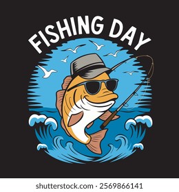 Cartoon fish wearing sunglasses and hat, fishing rod, ocean waves,  retro style illustration, "Fishing Day" text, comical fish character