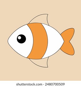 A cartoon fish with a white belly and orange tail. The fish has a big, curious eye and a small mouth