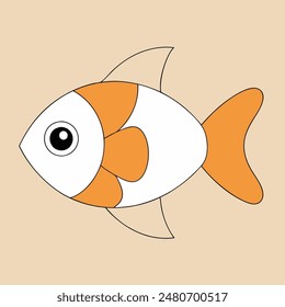 A cartoon fish with a white belly and orange tail. The fish has a big, curious eye and a small mouth