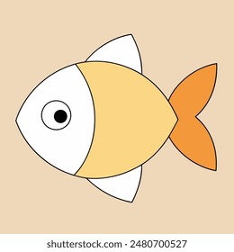 A cartoon fish with a white belly and orange tail. The fish has a big, curious eye and a small mouth