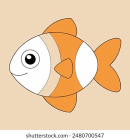 A cartoon fish with a white belly and orange tail. The fish has a big, curious eye and a small mouth