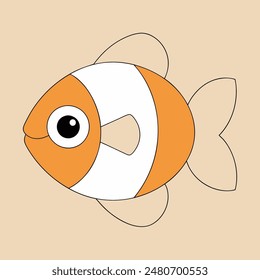 A cartoon fish with a white belly and orange tail. The fish has a big, curious eye and a small mouth