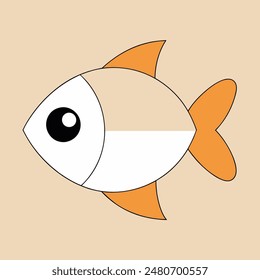 A cartoon fish with a white belly and orange tail. The fish has a big, curious eye and a small mouth