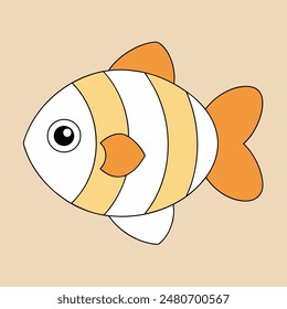 A cartoon fish with a white belly and orange tail. The fish has a big, curious eye and a small mouth