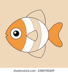 A cartoon fish with a white belly and orange tail. The fish has a big, curious eye and a small mouth