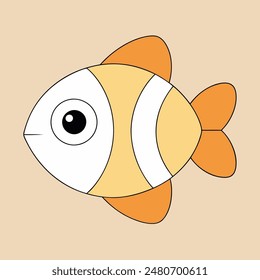 Un pez de dibujos animados con vientre blanco y cola naranja. El pez tiene un ojo grande y curioso y una boca Pequeña