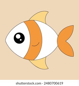 Un pez de dibujos animados con vientre blanco y cola naranja. El pez tiene un ojo grande y curioso y una boca Pequeña